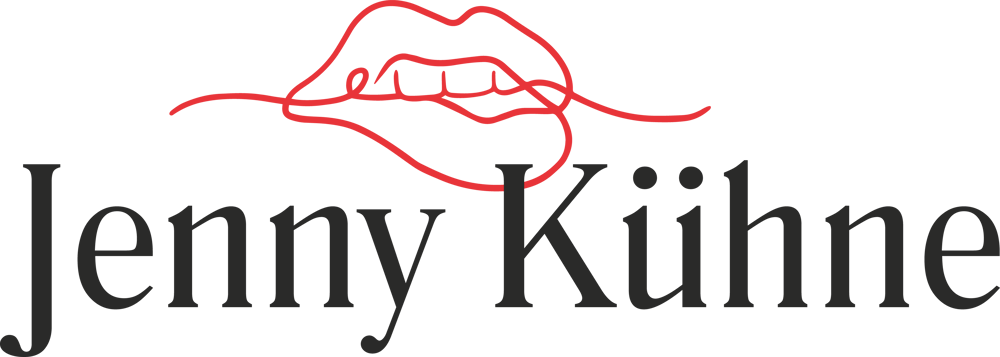 Jenny Kühne Logo mit roten Lippen, die einen Faden halten.