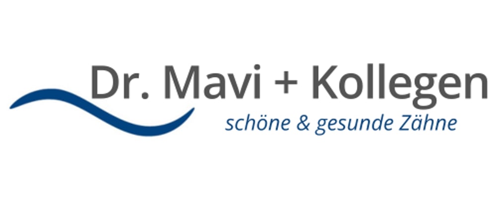 Logo von Dr. Mavi + Kollegen, mit dem Slogan "schöne & gesunde Zähne" und einer blauen Wellenlinie.