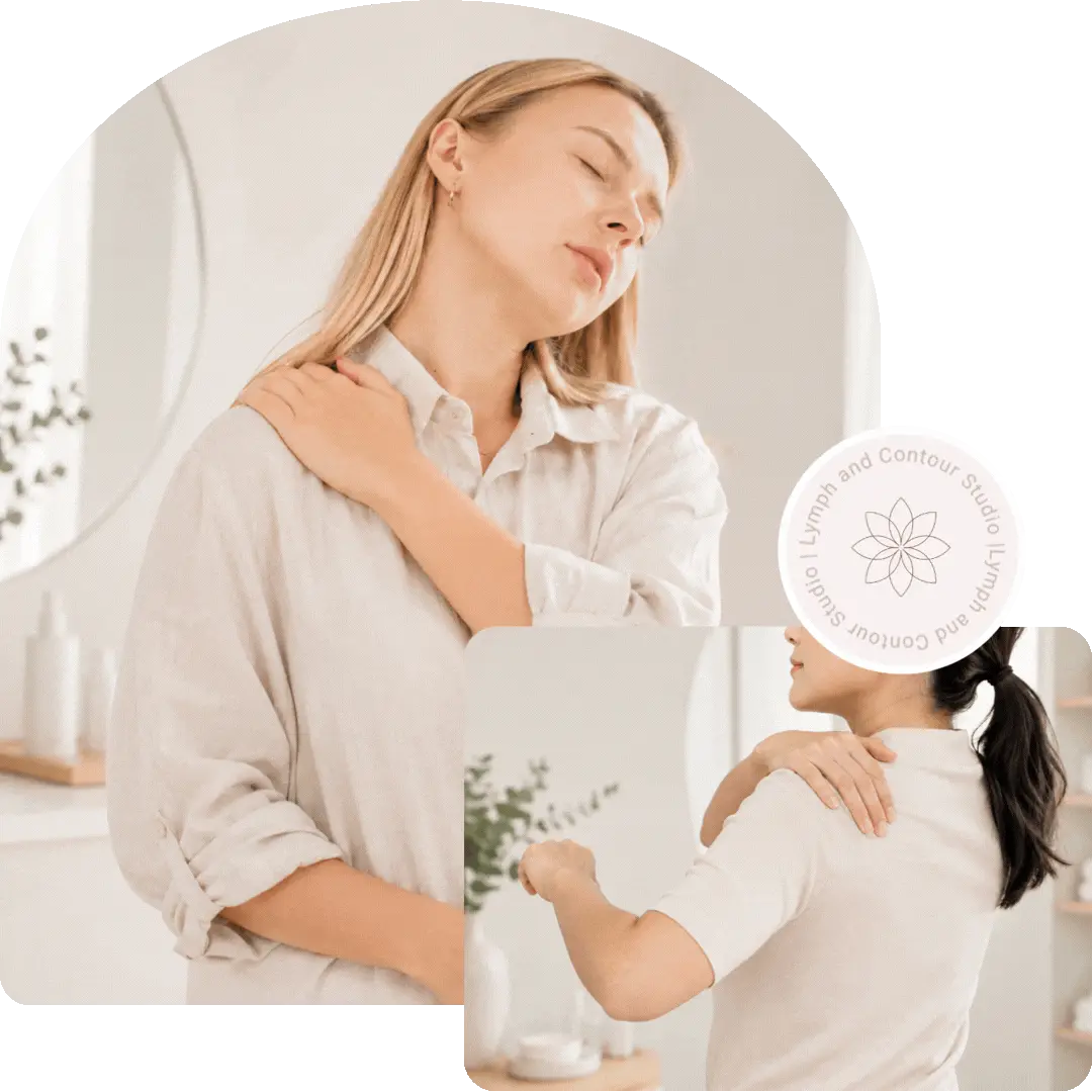 A woman massages her shoulder near a Lymph and Contour Studio logo for muscle tension relief.