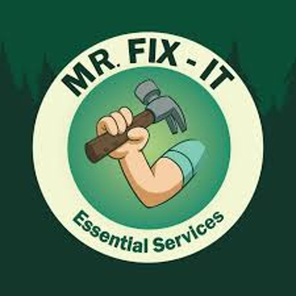 MR. FIX-IT Essential Services logo: bicep arm holding a hammer in a green circle on a dark green background.