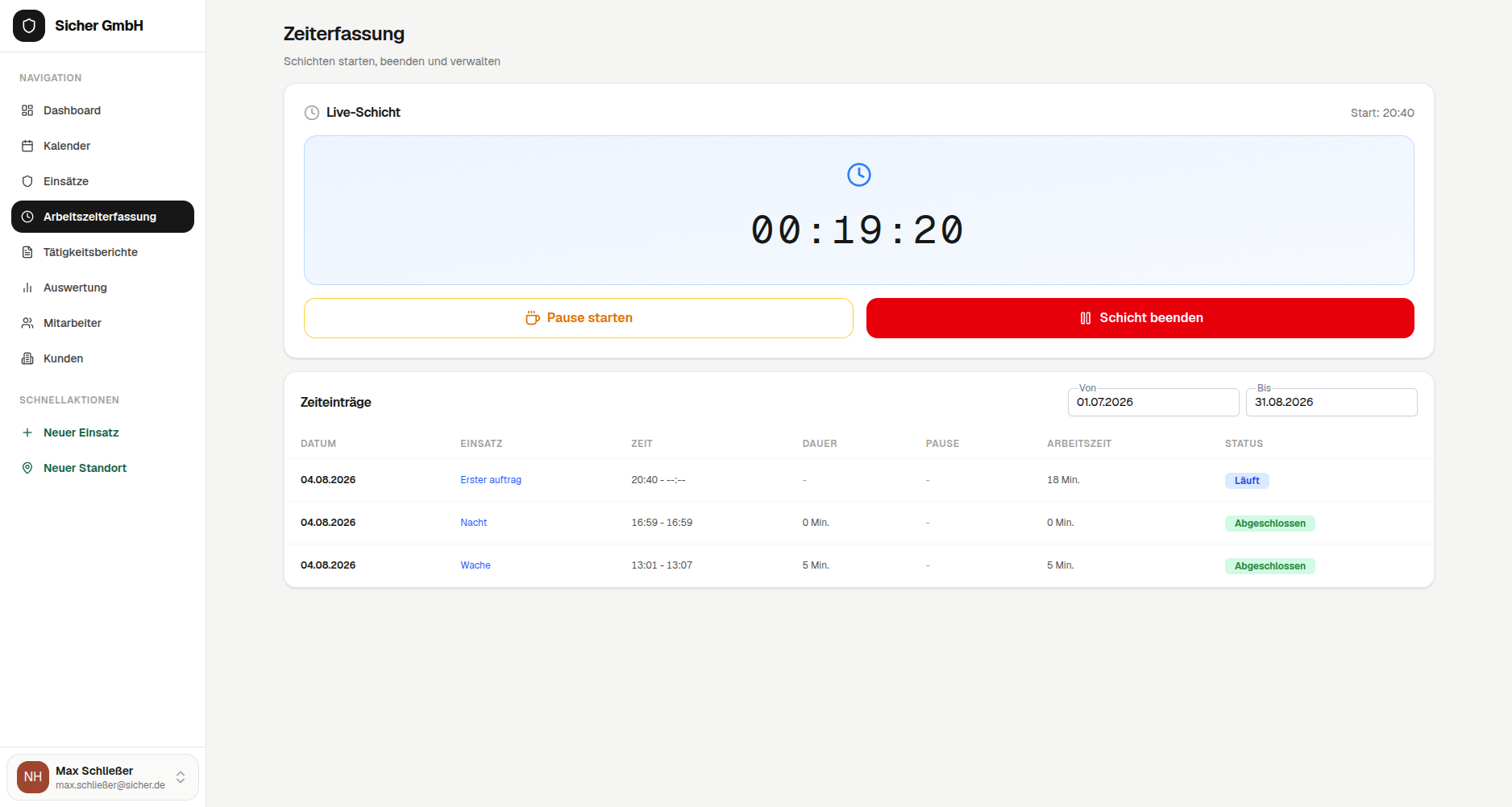 Aureniq Zeiterfassung: Live-Schicht mit Timer, Pause und Zeiteinträgen