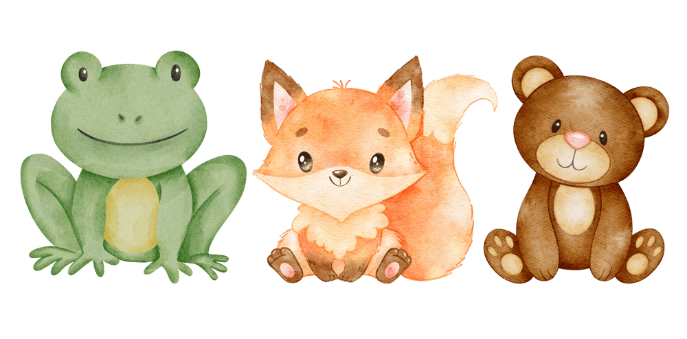 Aquarell-Illustration eines grünen Frosches, eines orangefarbenen Fuchses und eines braunen Bären.