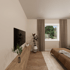 Modernes Schlafzimmer mit braunem Bett, Holzboden, Fernseher an heller Wand und Fenster mit Blick ins Grüne.