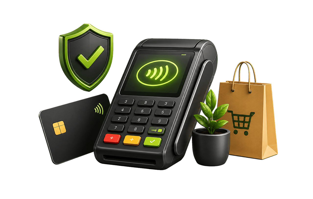 Kartenterminal mit Kreditkarte, Einkaufstüte und Schutzschild