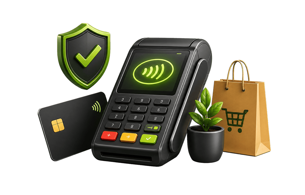 Kartenterminal mit Kreditkarte, Einkaufstüte und Schutzschild als Sinnbild für sicheres Bezahlen im Laden