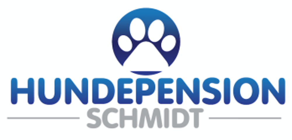 Logo mit blauem Hundepfotenabdruck in einem Kreis über dem Text "HUNDEPENSION SCHMIDT".