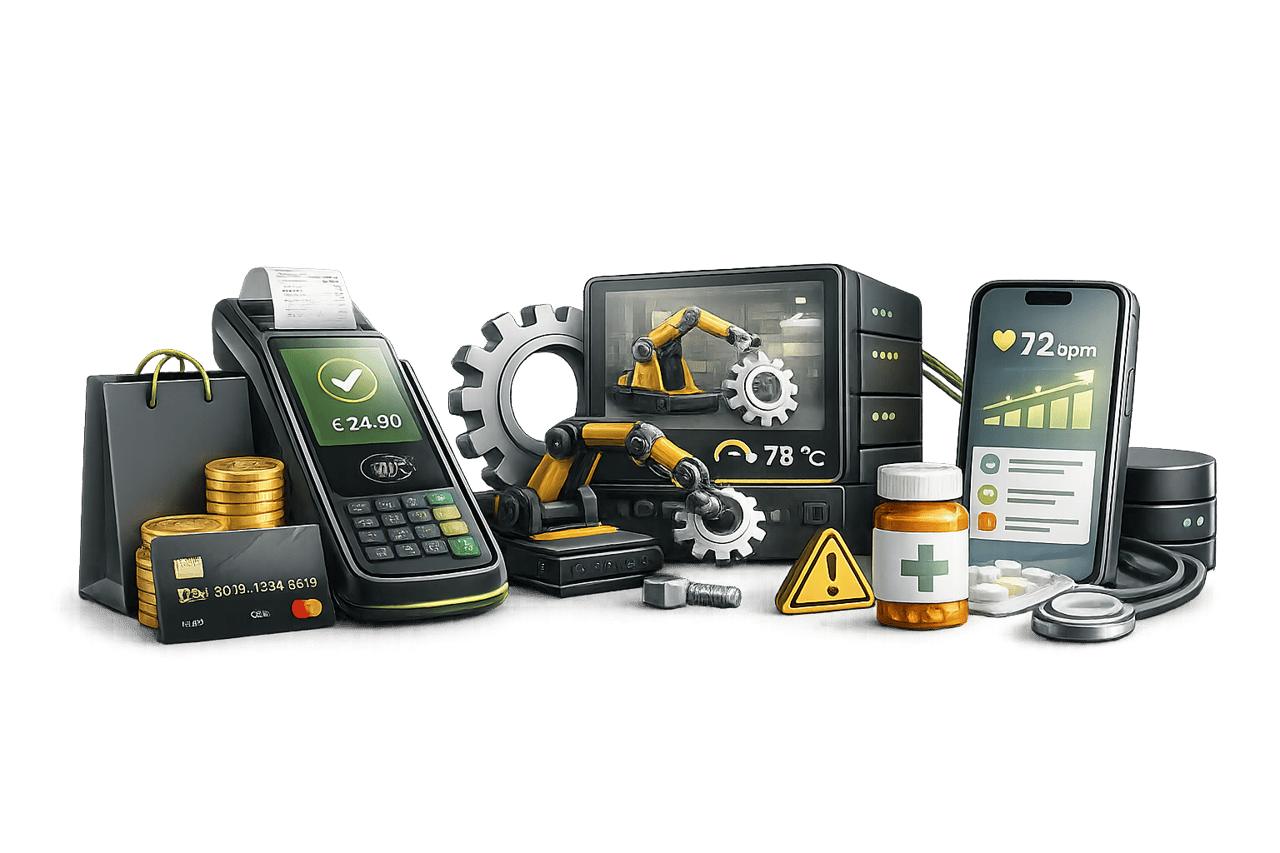 Grafik mit Medikamentenpackung, Smartphone, Kartenterminal und Roboterarm