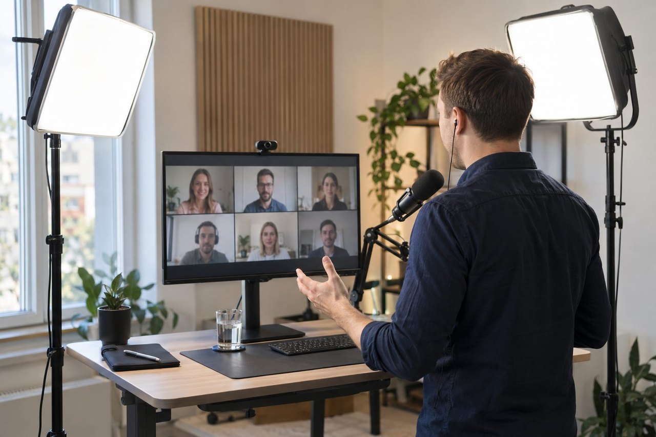 Mann präsentiert am Stehpult mit Studiolicht und Mikrofon in eine Videokonferenz