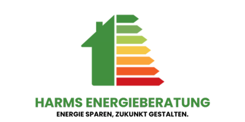 Grünes Haus-Symbol mit farbiger Energieskala von dunkelgrün bis rot; Text: "HARMS ENERGIEBERATUNG ENERGIE SPAREN, ZUKUNFT GESTALTEN."