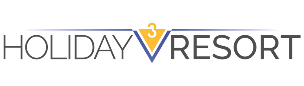 3V HOLIDAY RESORT-Logo mit blauem und goldenem Dreieck, das an der Spitze eine 3 hat.