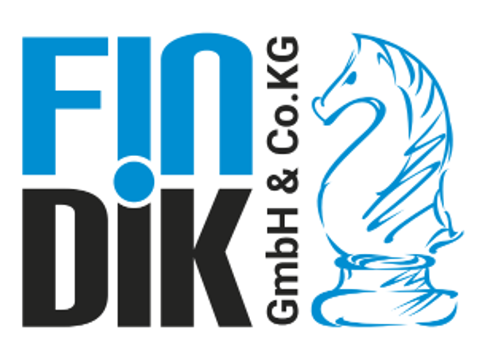 Logo mit blauem und schwarzem Text "FIN DIK GmbH & Co. KG" und einer blauen Schachfigur Springer rechts daneben.