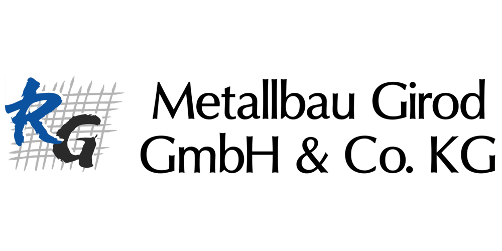Logo der Metallbau Girod GmbH & Co. KG mit blauen "R" und dunkelgrauem "G" vor einem Gittermuster.
