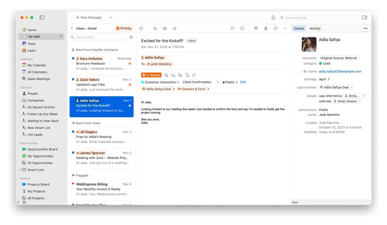 Daylite am Mac: Posteingang mit geöffneter E-Mail und den Kontaktdetails der Absenderin, Beispieldaten