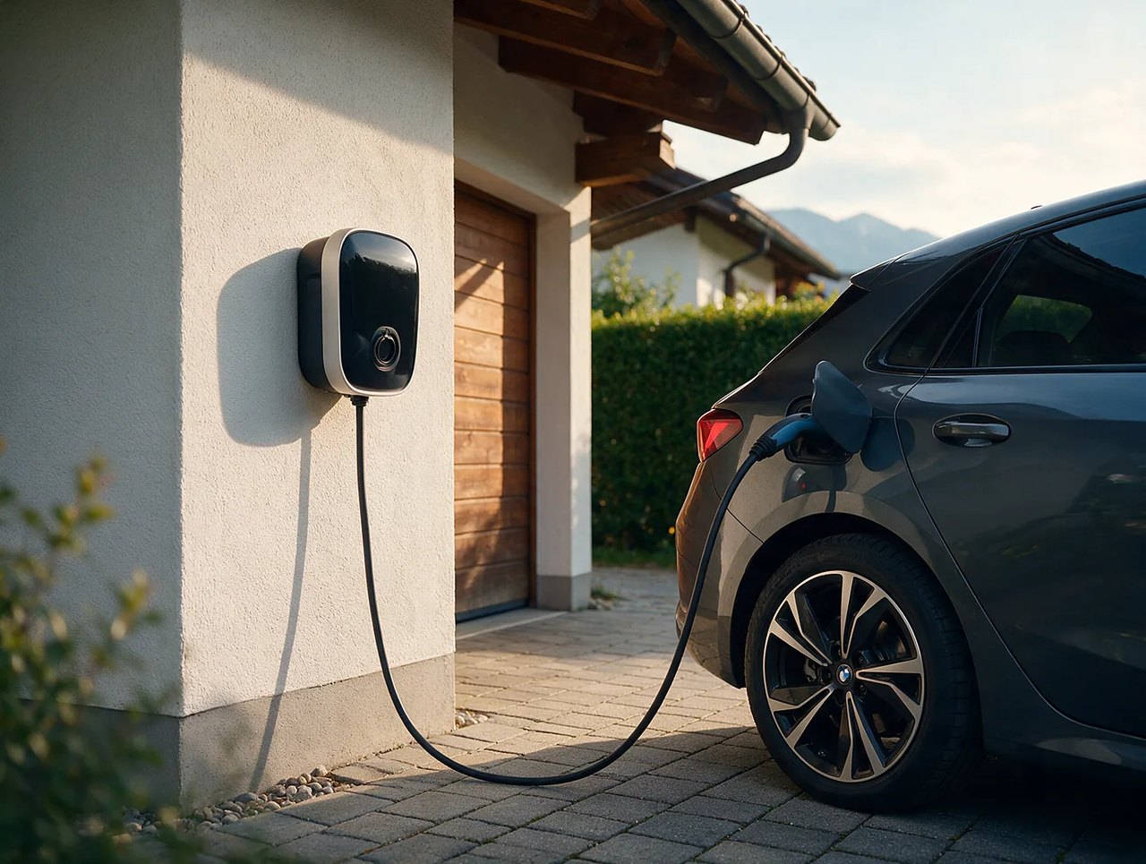 Wallbox an der Garagenwand mit ladendem Elektroauto