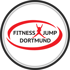 Rotes und schwarzes Logo mit Text "FITNESS X JUMP DORTMUND" in einem Kreis.