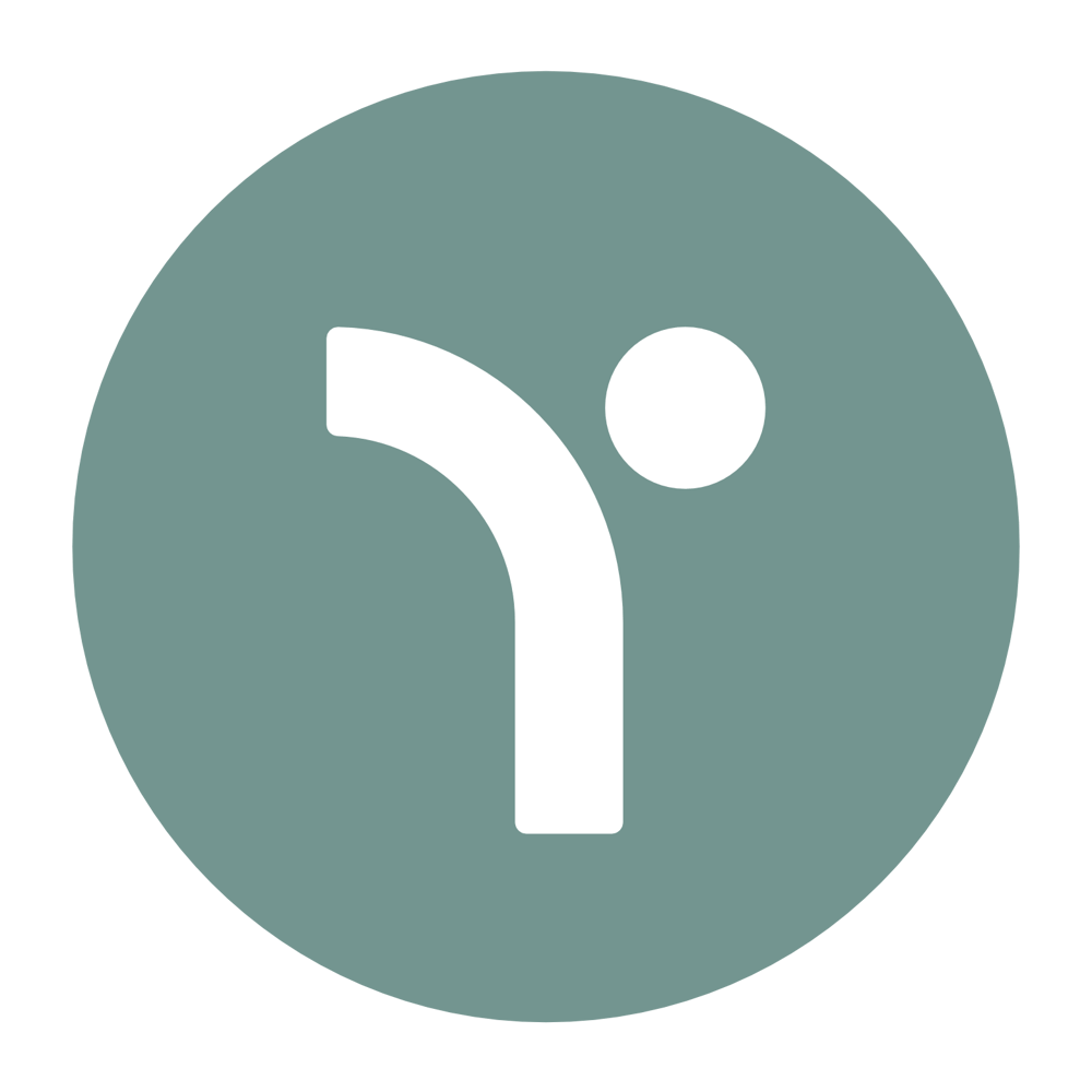 Weißes Logo einer Person mit erhobenem Arm und einem Punkt über dem Kopf, in einem grauen Kreis.