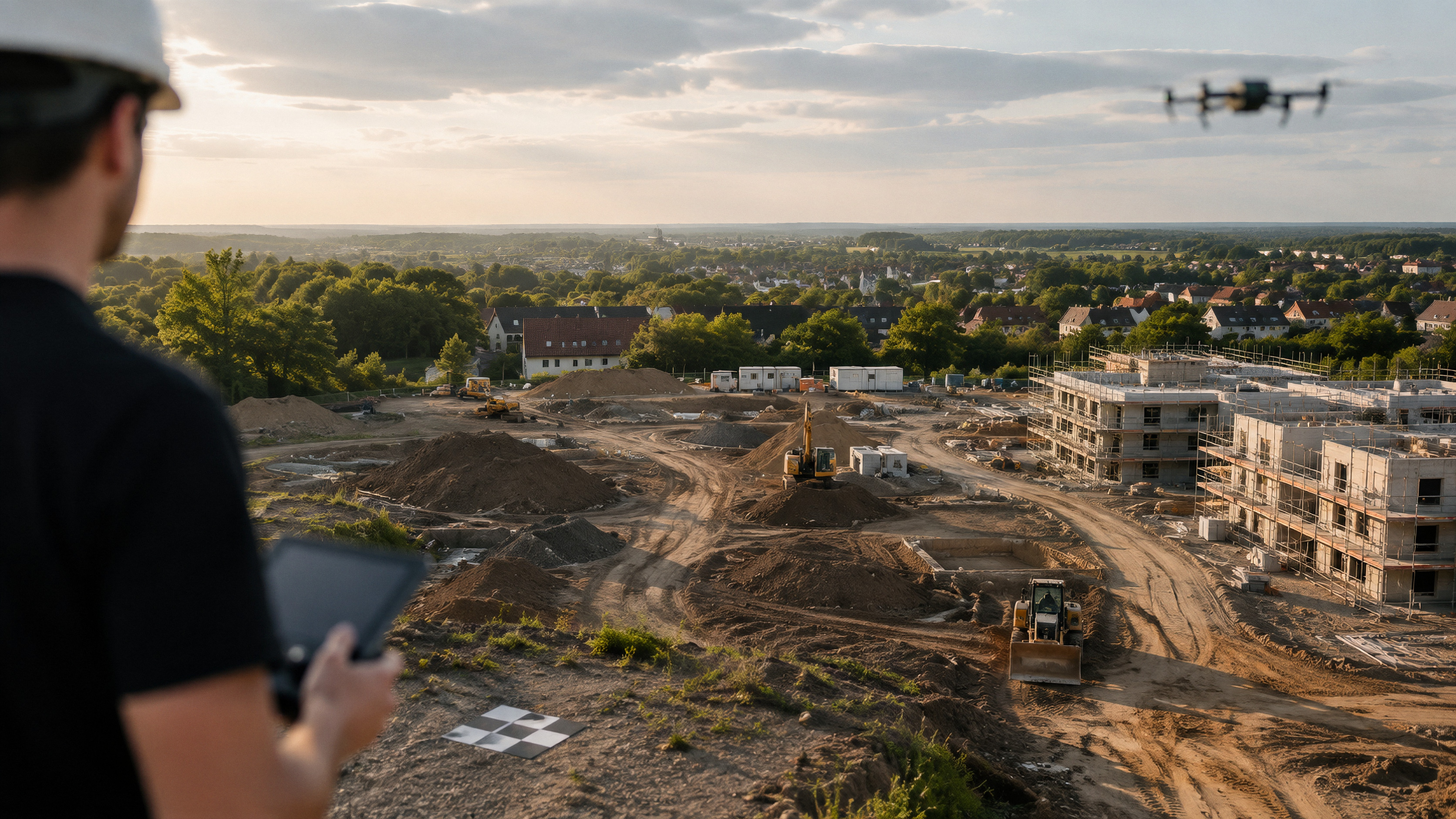 Manuel Hauer steuert die Drohne über einer Neubau-Baustelle