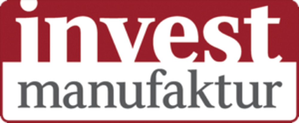Logo mit "invest" in Weiß auf rotem Hintergrund und "manufaktur" in Grau auf weißem Hintergrund.