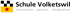 Logo Schule Volketswil mit schwarz-weißem Schachbrettmuster, gelbem Feld mit rotem Stern, Text "innovation passion integration".