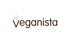 Brauner Veganista-Schriftzug mit einem rosa Sternchen über dem Buchstaben V auf schwarzem Hintergrund.