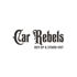 Schwarzes Logo mit „Car Rebels“ in verschnörkelter Schrift und „REV UP & STAND OUT“ darunter.
