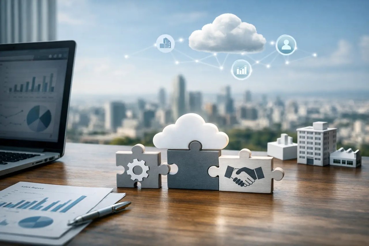 Puzzleteile mit Zahnrad-, Cloud- und Handschlag-Symbolen auf einem Schreibtisch vor einer Stadtkulisse mit Cloud-Computing.