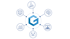 Blaues G-Logo in einem Sechseck, verbunden mit Icons für Programmierung, Gehirn, 3D-Druck, Teamarbeit, Analyse und Sport.