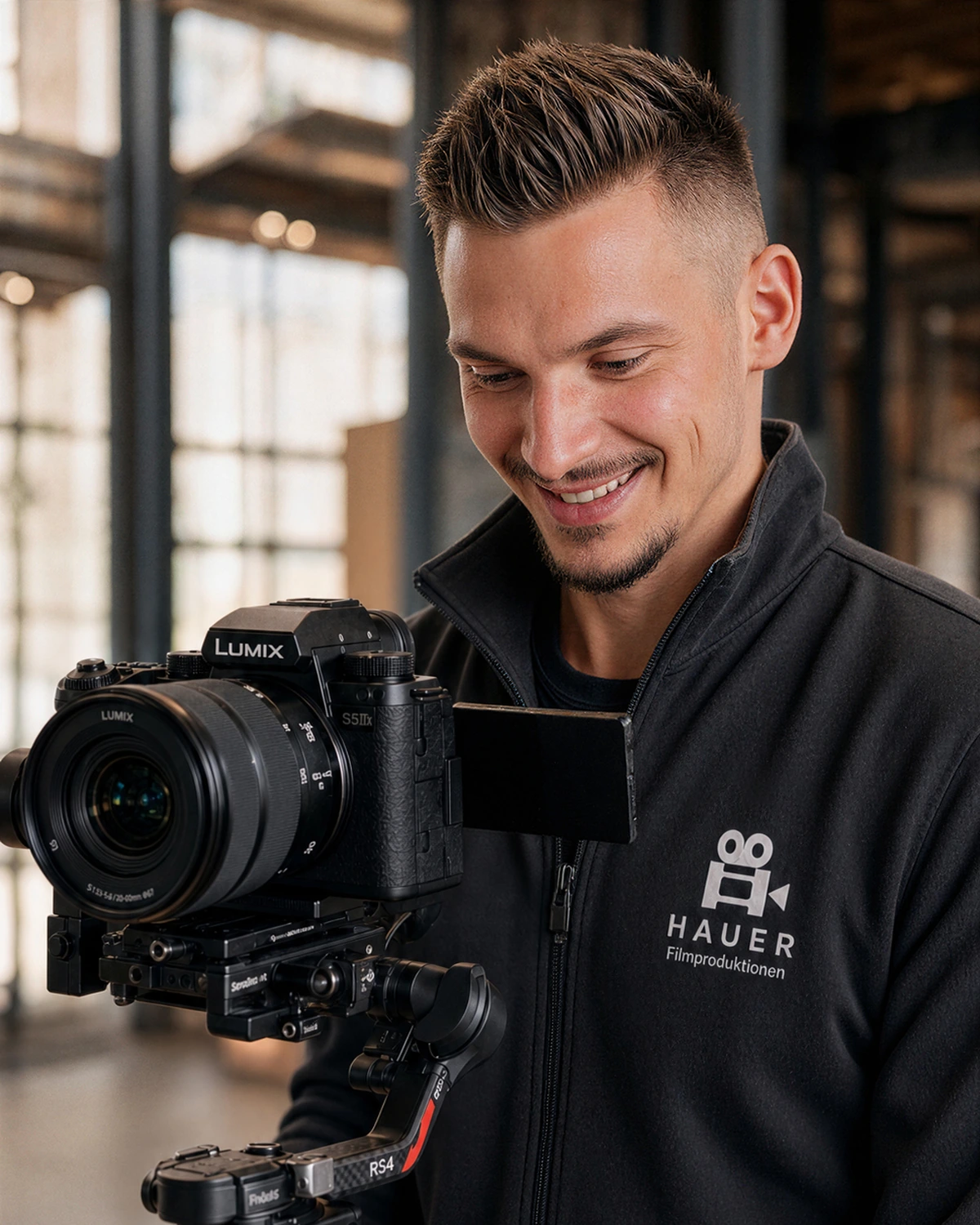 Manuel Hauer von Hauer Filmproduktionen Freiburg mit Lumix S5 IIX auf dem DJI-Gimbal beim Dreh eines Imagefilms.