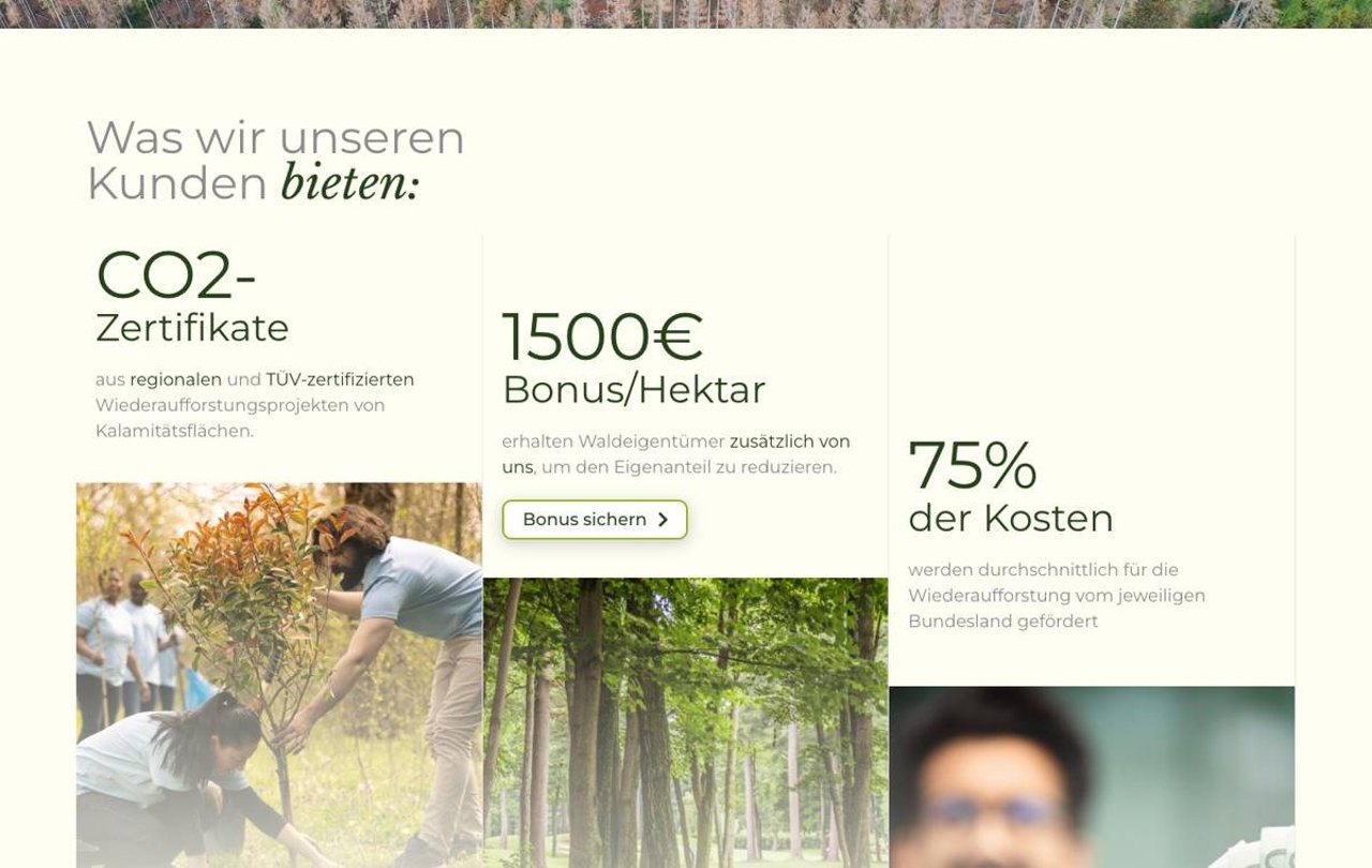Bereich Was wir unseren Kunden bieten auf der Website der Deutschen Waldhilfe mit CO2-Zertifikaten, Bonus pro Hektar und Förderanteil sowie Fotos vom Pflanzen