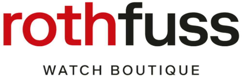 Logo der rothfuss WATCH BOUTIQUE in roten und grauen Kleinbuchstaben auf schwarzem Hintergrund.
