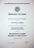 Urkunde der Ernst-Moritz-Arndt-Universität Greifswald für Christoph Langner, verliehen am 5. Juni 2008, für den Abschluss "Bachelor of Laws (LL.B.)".