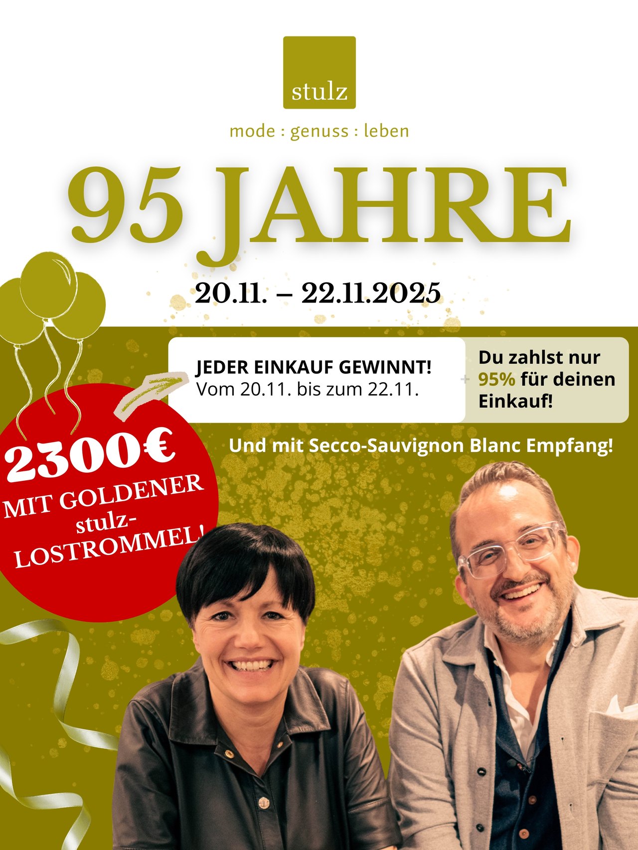 Anzeige Stulz Mode: „95 Jahre“, Aktion vom 20. bis 22.11.2025 mit zwei lächelnden Personen
