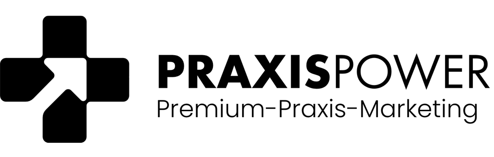 Schwarzes PraxisPower-Logo mit einem stilisierten Pluszeichen, das einen Pfeil bildet.