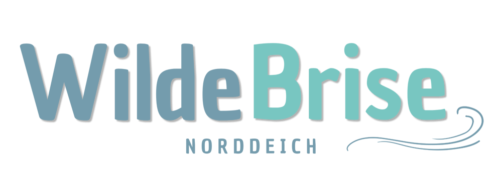 Wilde Brise Norddeich Logo in Blau- und Türkistönen auf schwarzem Hintergrund mit geschwungenen Wellenlinien.