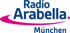 Blaues Logo "Radio Arabella. München" mit pinkfarbenem Bogen.