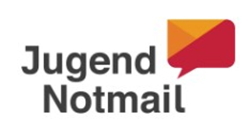 Logo von Jugend Notmail mit dem Schriftzug in Grau und einer orange-roten Sprechblase, die einem Briefumschlag ähnelt.