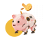 A pink robotic piggy bank with gold coins falling into its back slot.
