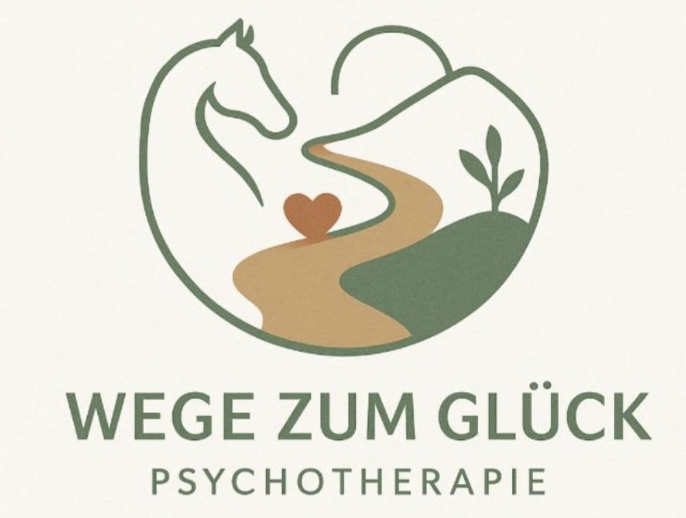 Logo Wege zum Glück Psychotherapie mit Pferdekopf, geschwungenem Pfad, Herz und Bergen in Naturtönen.