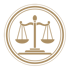 Goldene Waage der Justiz in einem kreisförmigen Rahmen auf schwarzem Hintergrund.