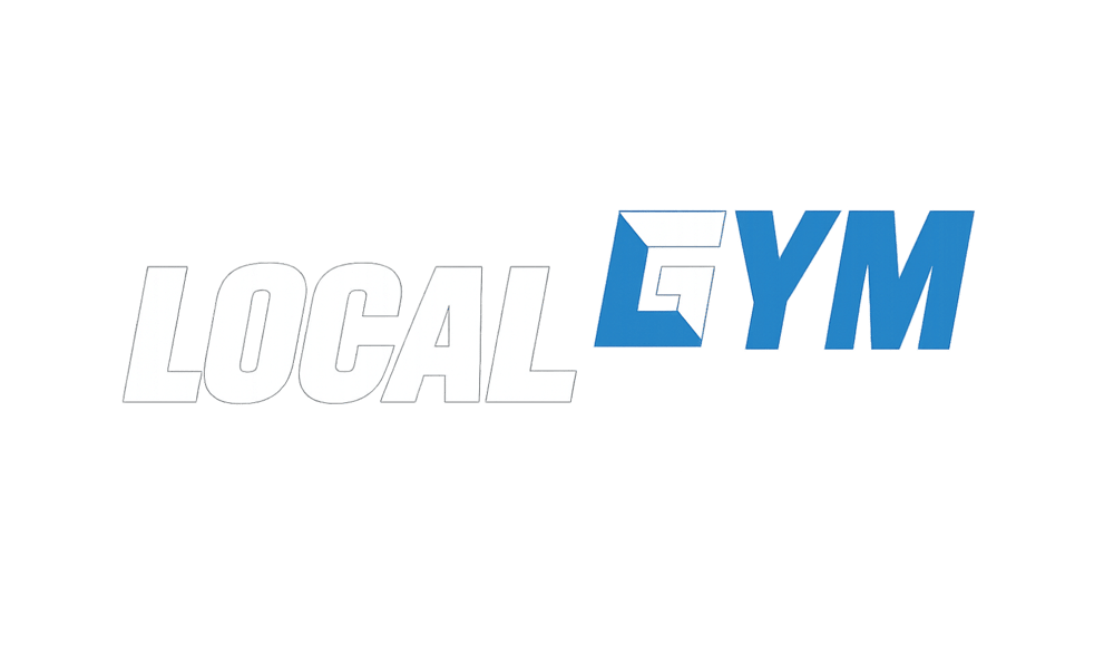 Local Gym Logo mit weißem Schriftzug Local und blau-weißem Wort Gym auf schwarzem Hintergrund.