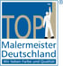 Logo der TOP Malermeister Deutschland mit Slogan „Wir lieben Farbe und Qualität“ und Maler mit Farbrolle.