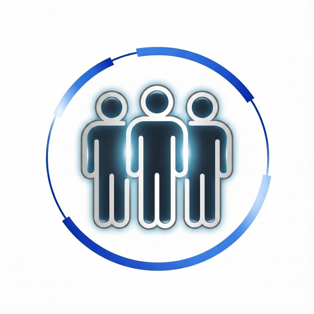 Drei stilisierte Personen-Piktogramme in einem blauen Kreis, der oben und unten offen ist.