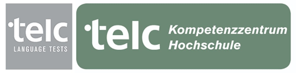 Telc Language Tests Logo in Grau und Telc Kompetenzzentrum Hochschule Logo in Grün.