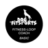 Schwarzes Logo mit weißem Hund, der heult, und Text "DOG FITSPORTS FITNESS-LOOP COACH BASIC".