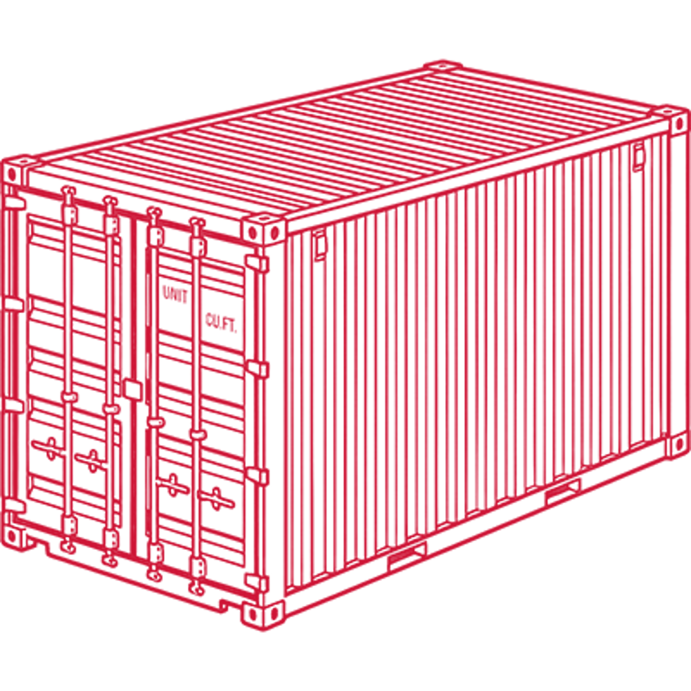 Rote Strichzeichnung eines Frachtcontainers auf schwarzem Hintergrund mit der Beschriftung UNIT und CU.FT. an der Tür.