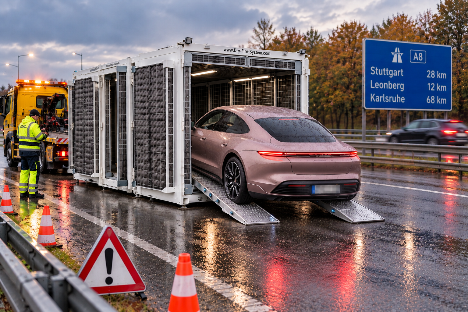 Dry Fire Con als Abrollbehälter auf dem Transportfahrzeug eines Bergungsbetriebs