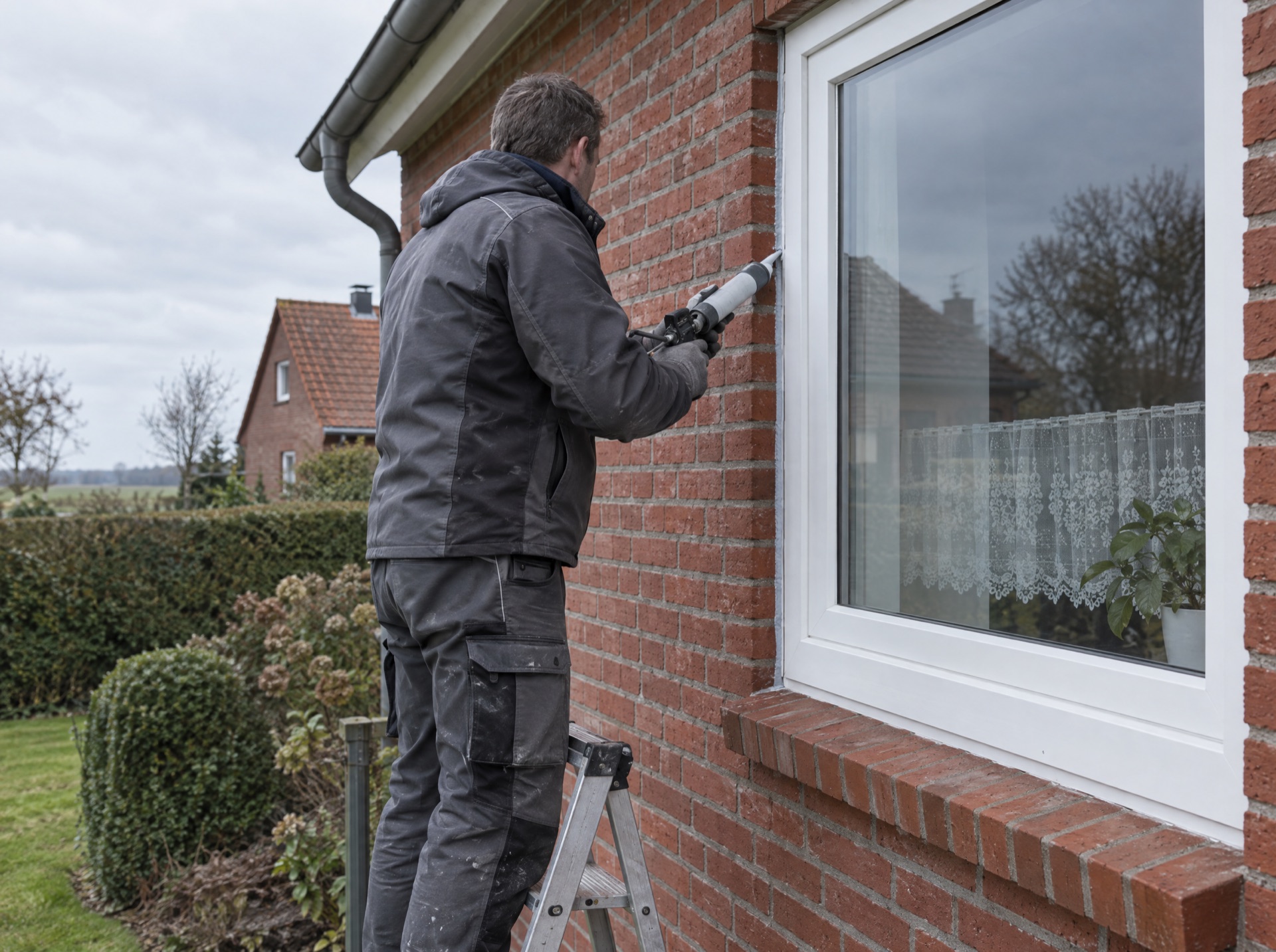 Handwerker verfugt ein Fenster in einer Klinkerfassade