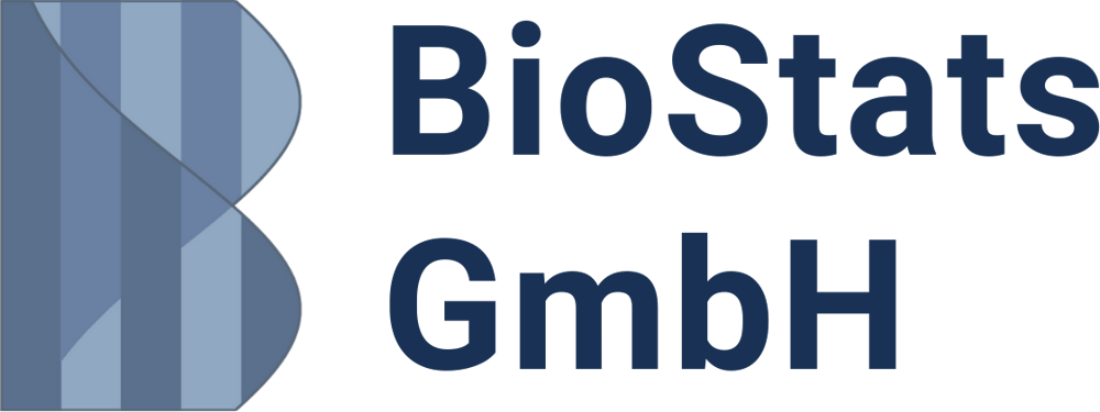 Logo der BioStats GmbH mit stilisiertem blauen "B" und dem Text "BioStats GmbH" in Dunkelblau.