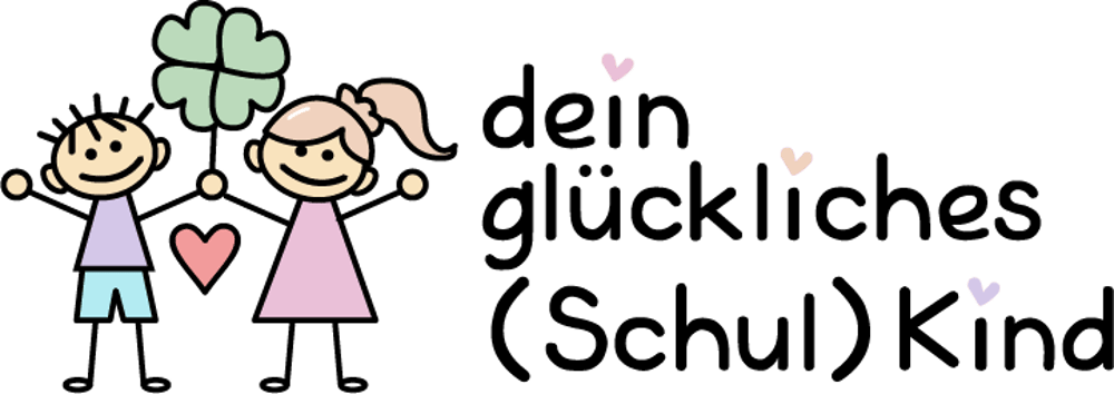 Strichmännchen-Junge und Mädchen halten sich an den Händen, mit einem Kleeblatt und Herz, Text: „dein glückliches (Schul)Kind“.