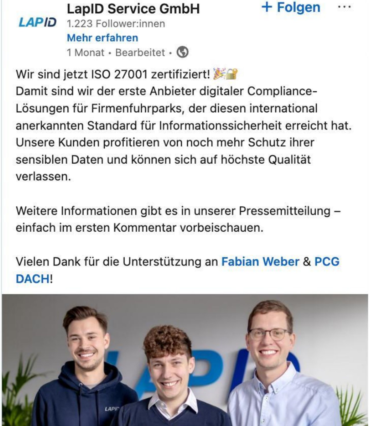 LinkedIn Beitrag von LapID Service GmbH